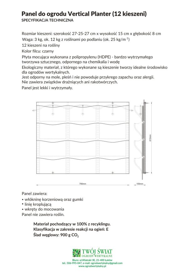 Panel 12-kieszeniowy Vertical Planter PlantaUp - specyfikacja techniczna