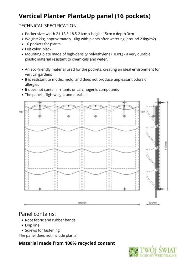 16-pocket Vertical Planter PlantaUp panel - technical specification