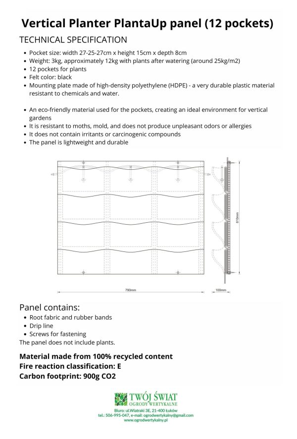 Vertical Planter PlantaUp 12 pocket panel - Technical specification