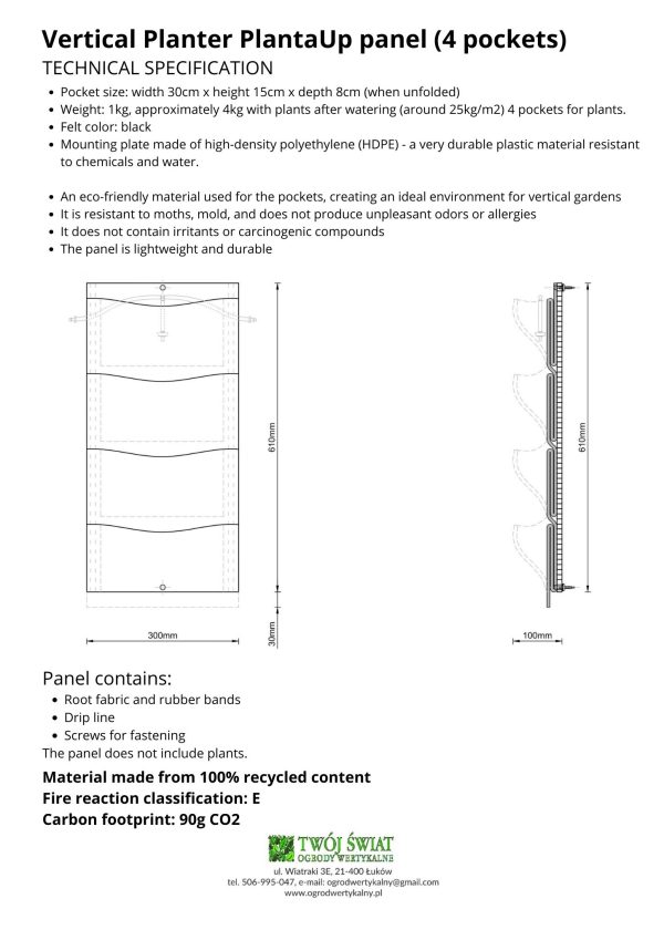4-pocket Vertical Planter PlantaUp panel -technical specification