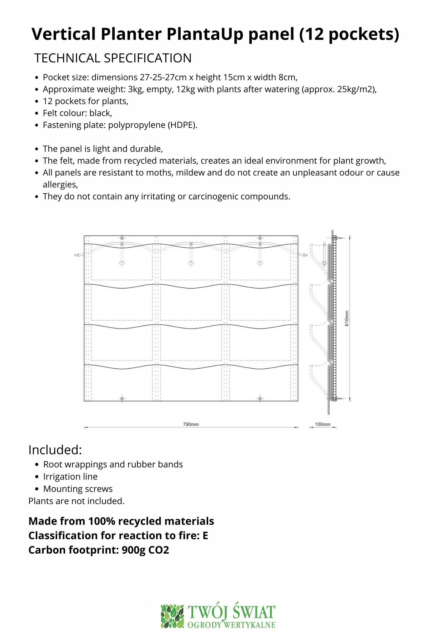 12 pockets Vertical Planter PlantaUp panel - technical specification