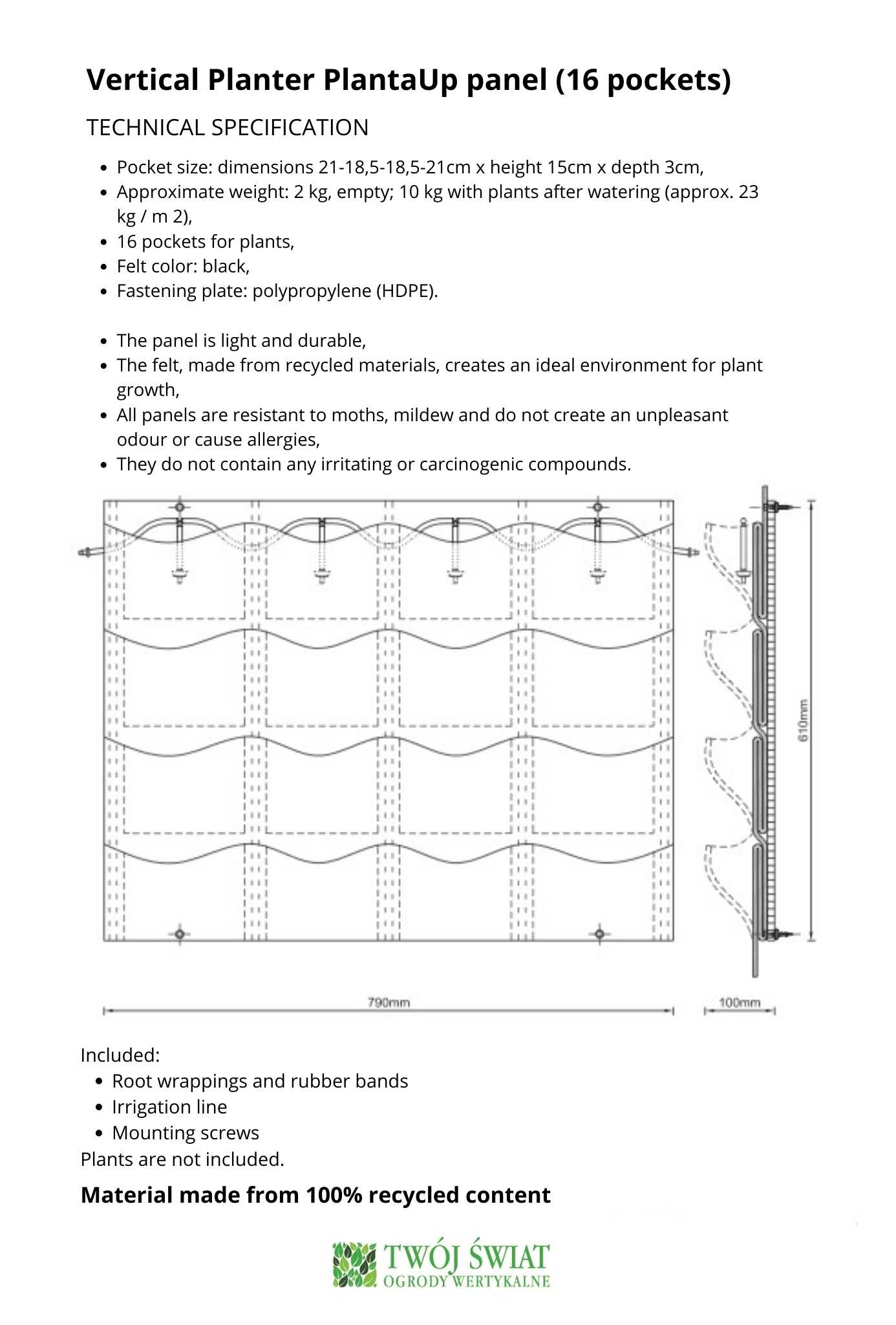 16 pockets Vertical Planter PlantaUp panel - technical specification