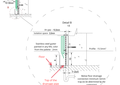 Diagram of the drainage connection to the floor used for watering green wall