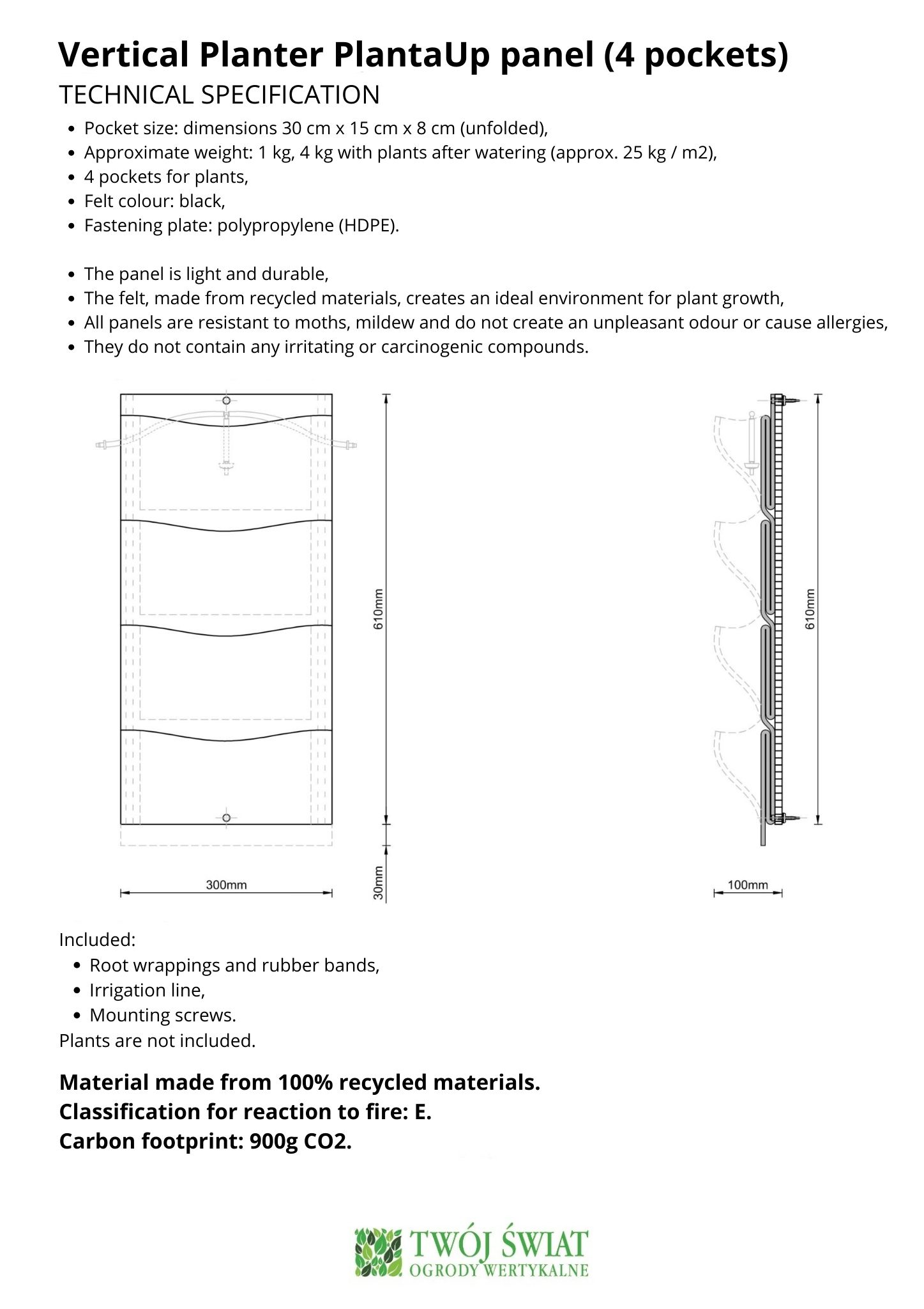 4 pockets Vertical Planter PlantaUp panel - technical specification