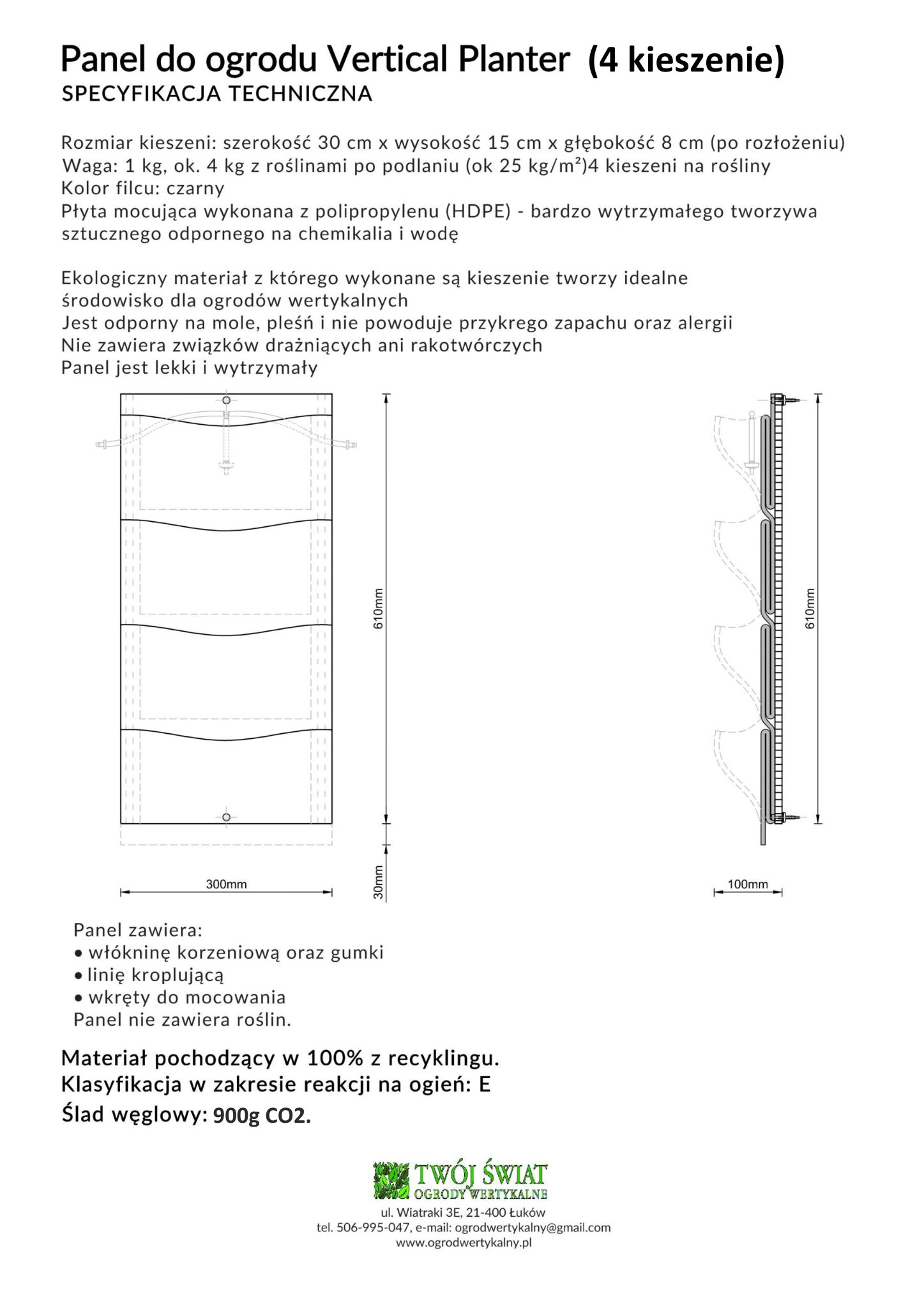 4 kieszeniowy panel PlantaUp - specyfikacja techniczna